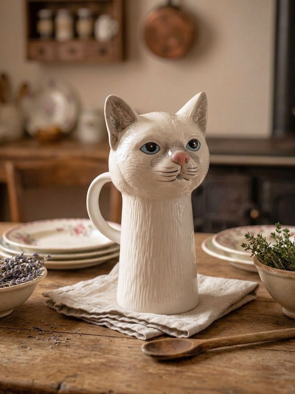 Pichet en faïence en forme de chat blanc et gris avec yeux bleus, style shabby chic romantique, décoration de charme pour table ou intérieur poétique