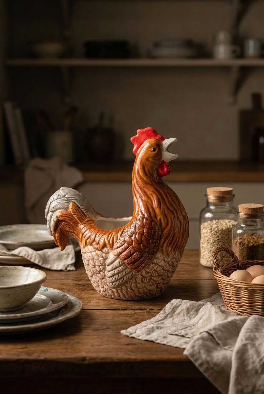 Pichet coq en faïence marron rouge et beige, décoration de charme style campagne chic pour cuisine authentique