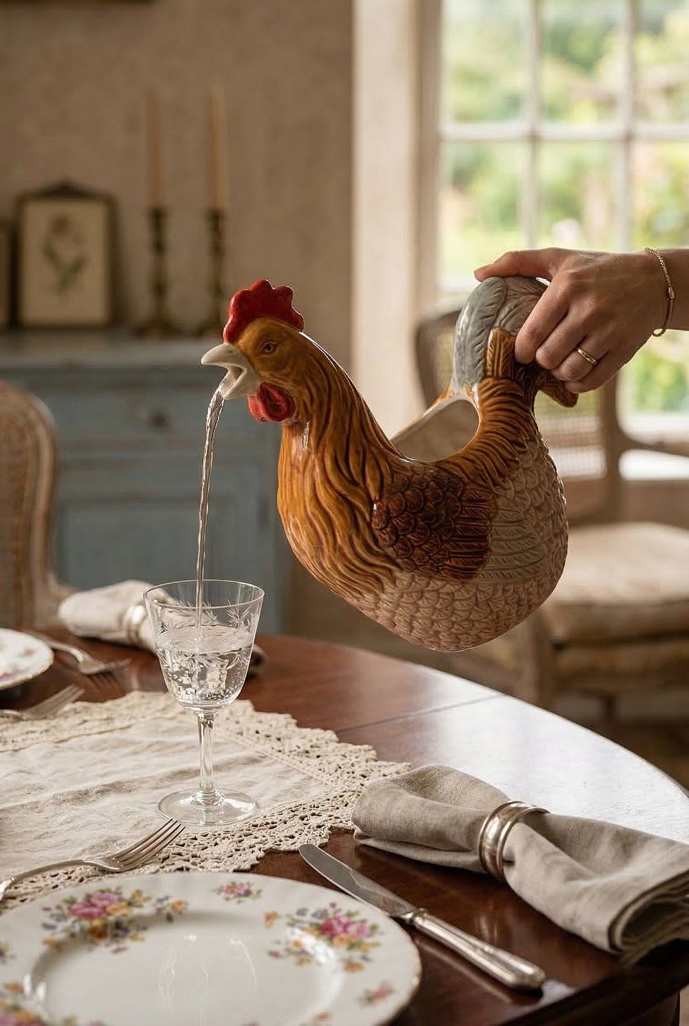 Pichet coq en faïence marron rouge et beige, décoration de charme style campagne chic pour cuisine authentique