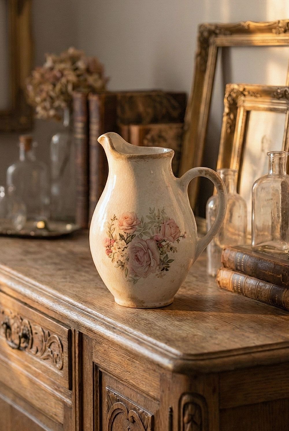 Pichet décoratif blanc patiné à roses, objet du quotidien et vaisselle romantique shabby chic pour décoration de charme