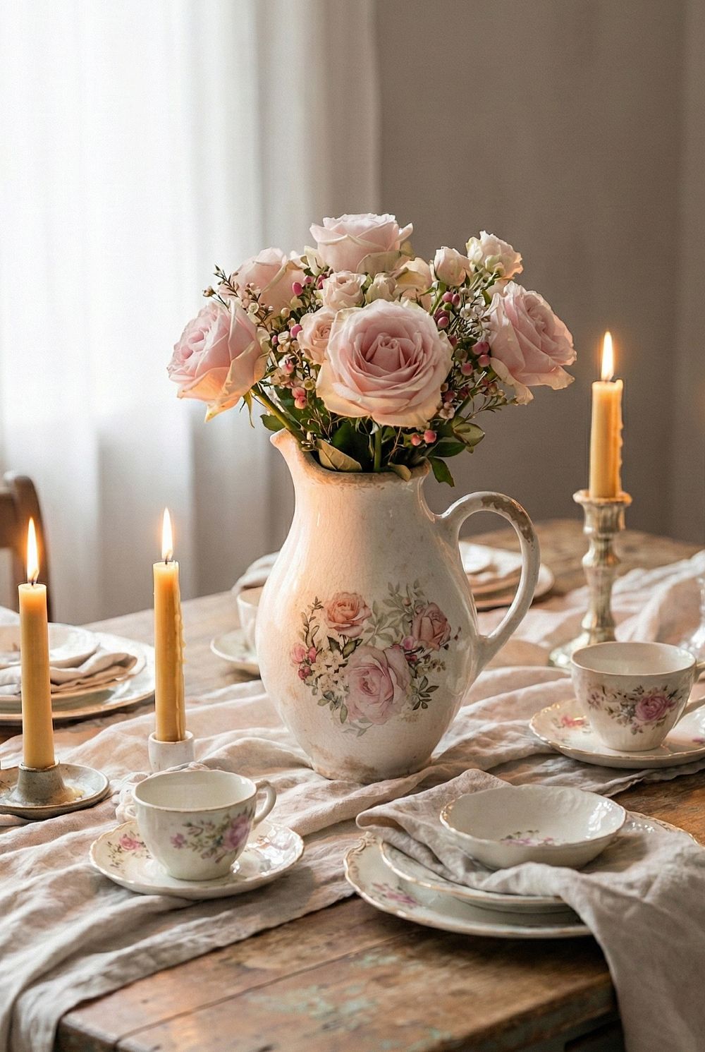 Pichet décoratif blanc patiné à roses, objet du quotidien et vaisselle romantique shabby chic pour décoration de charme