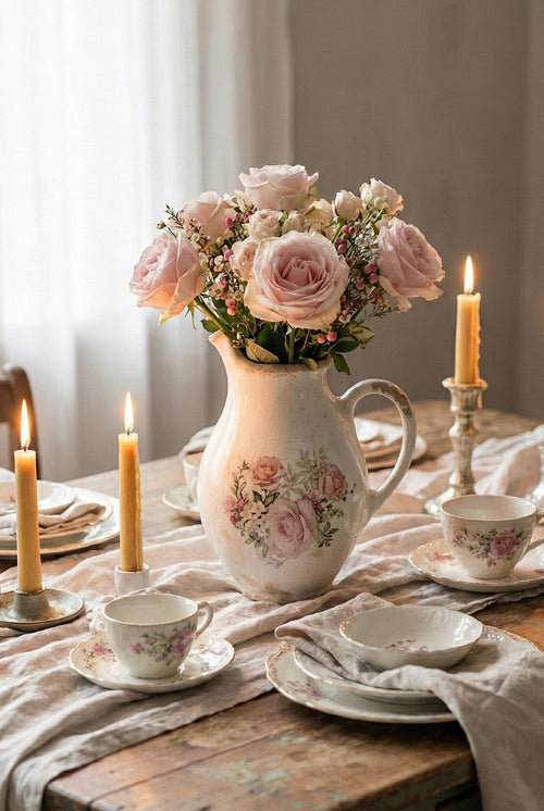 Pichet décoratif blanc patiné à roses, objet du quotidien et vaisselle romantique shabby chic pour décoration de charme