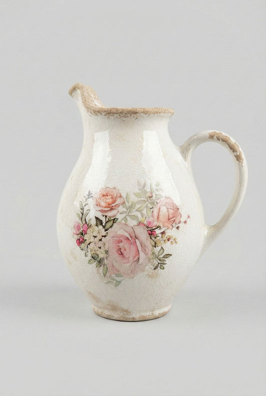 Pichet décoratif blanc patiné à roses, objet du quotidien et vaisselle romantique shabby chic pour décoration de charme