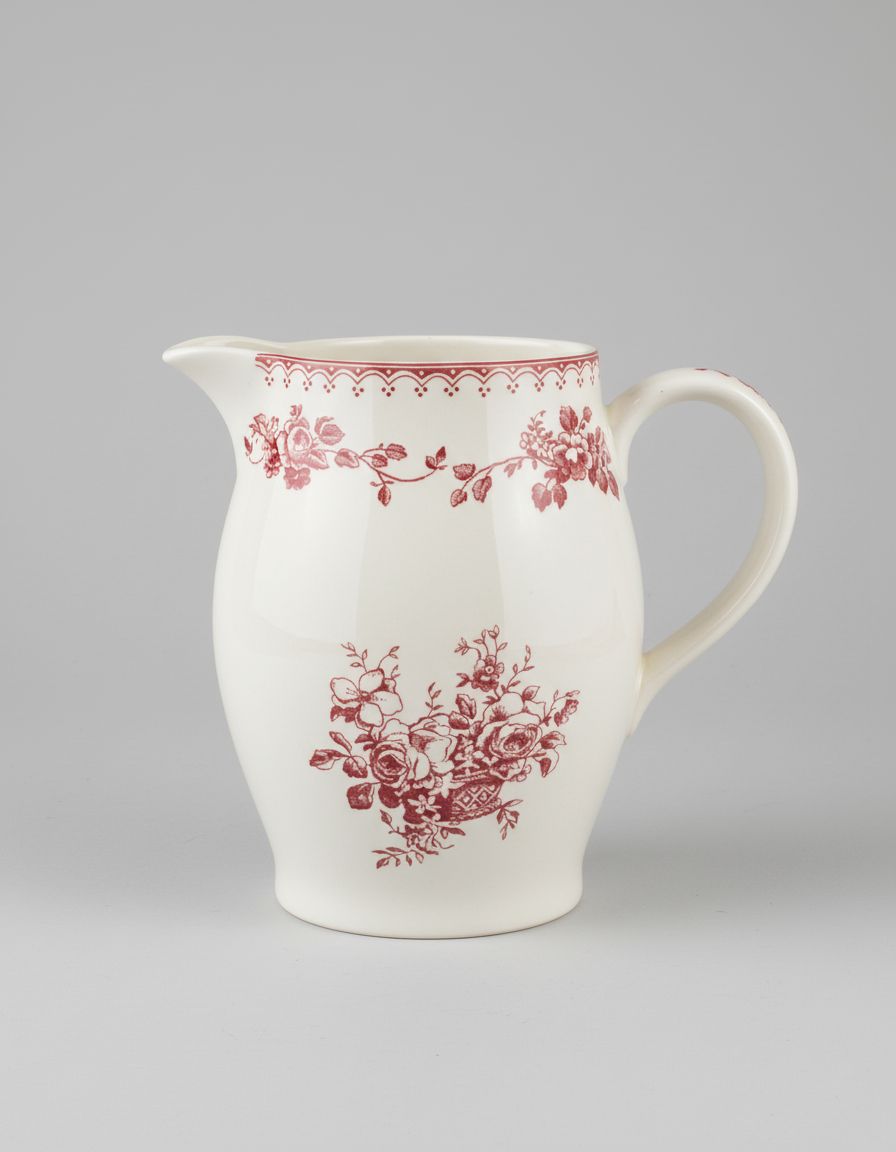 Pichet en céramique blanc et bordeaux, motif floral vintage, style romantique et maison de campagne, 1,5 L, ambiance shabby chic