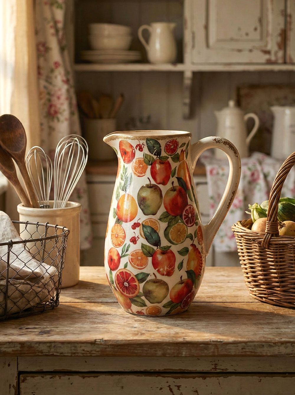 Pichet fruits en terre cuite hauteur 23 cm, décor pommes poires et agrumes rouges et verts, style shabby chic romantique pour table de maison de campagne