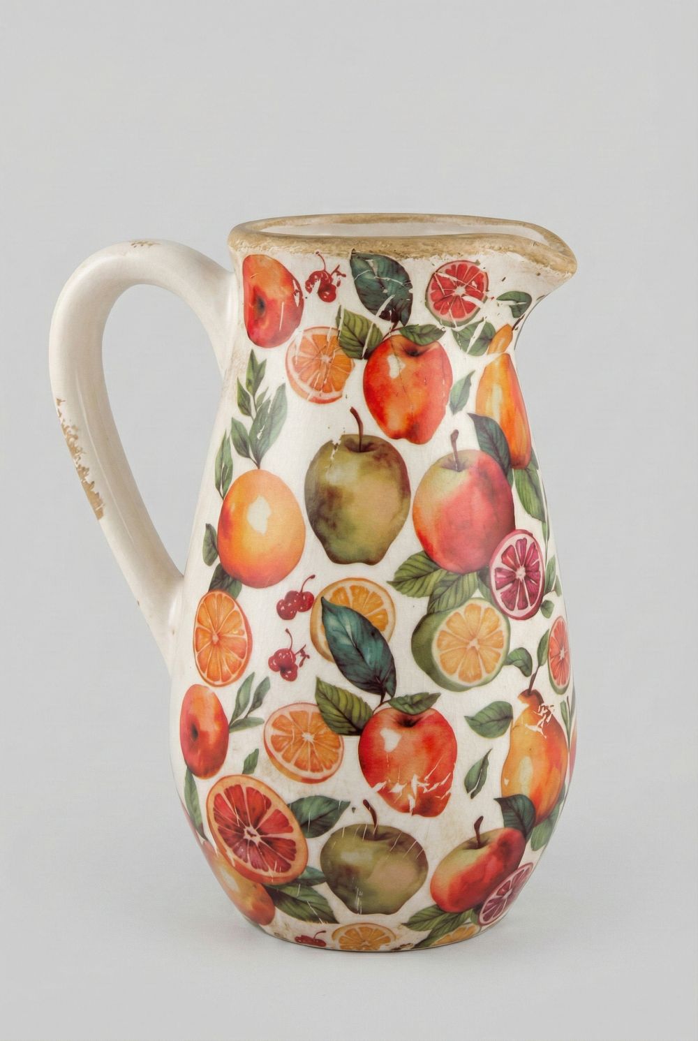 Pichet fruits en terre cuite hauteur 23 cm, décor pommes poires et agrumes rouges et verts, style shabby chic romantique pour table de maison de campagne