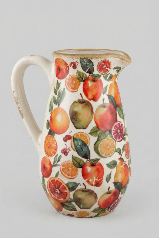 Pichet fruits en terre cuite hauteur 23 cm, décor pommes poires et agrumes rouges et verts, style shabby chic romantique pour table de maison de campagne