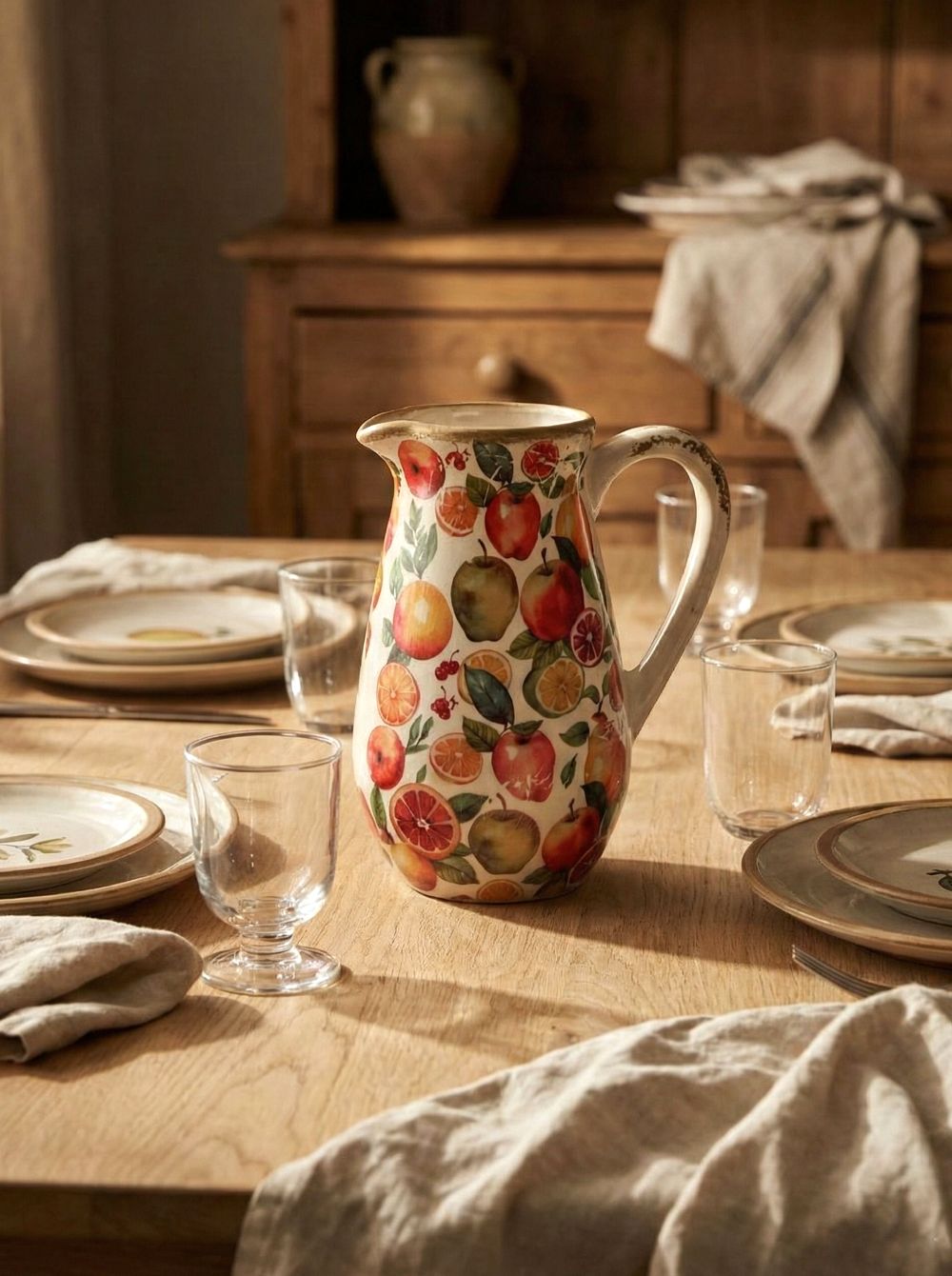 Pichet fruits en terre cuite hauteur 23 cm, décor pommes poires et agrumes rouges et verts, style shabby chic romantique pour table de maison de campagne