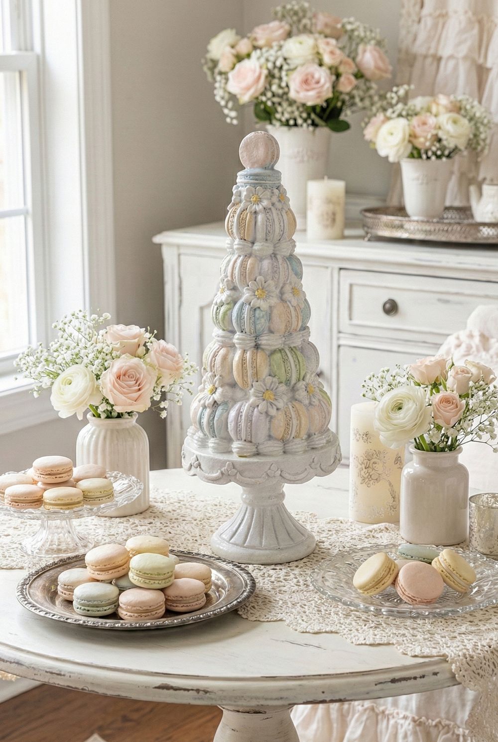 Pièce montée décorative macarons pastel de 30 cm, accessoire de décoration romantique shabby chic, tons blancs et pastels, ambiance poétique et féérique