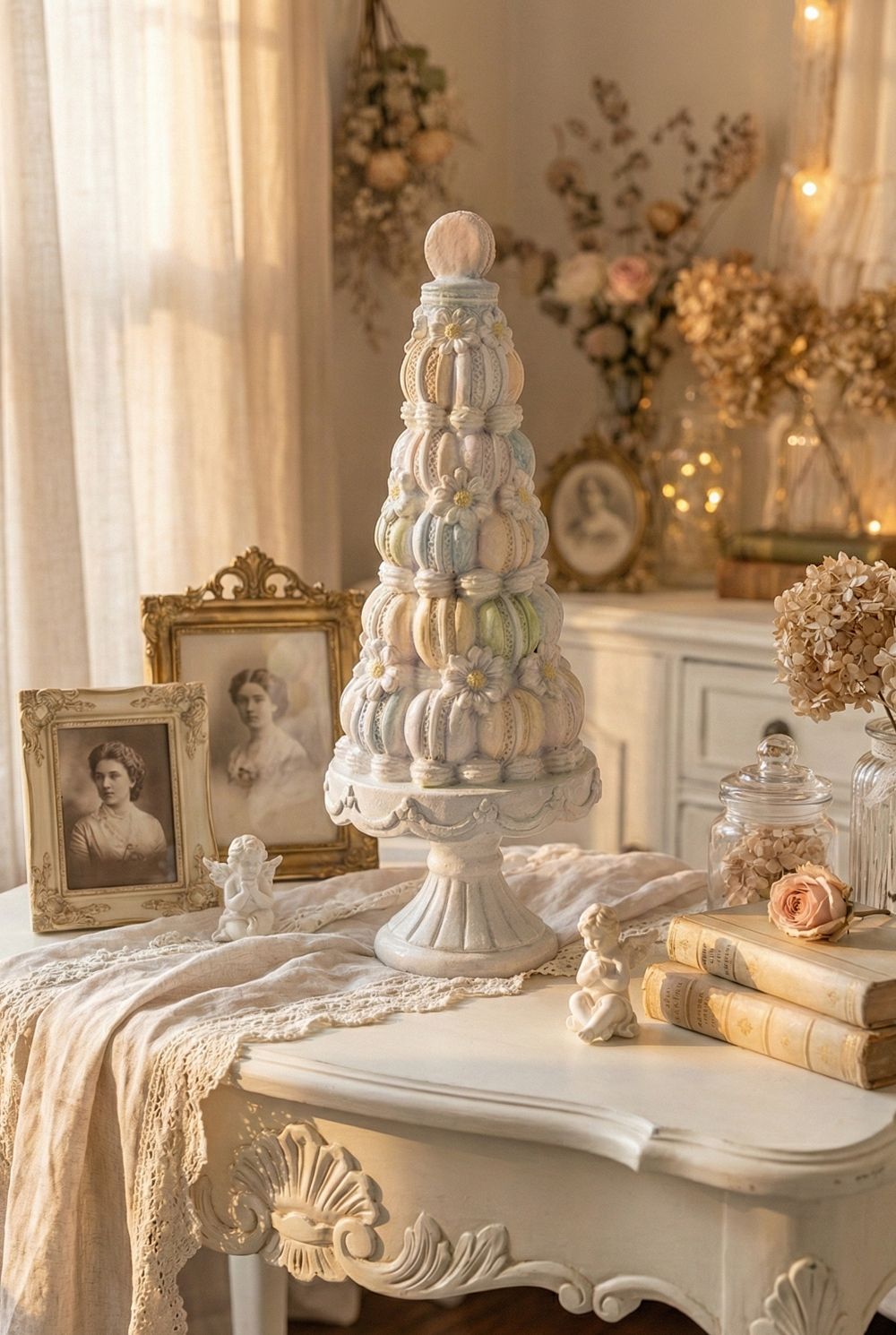 Pièce montée décorative macarons pastel de 30 cm, accessoire de décoration romantique shabby chic, tons blancs et pastels, ambiance poétique et féérique