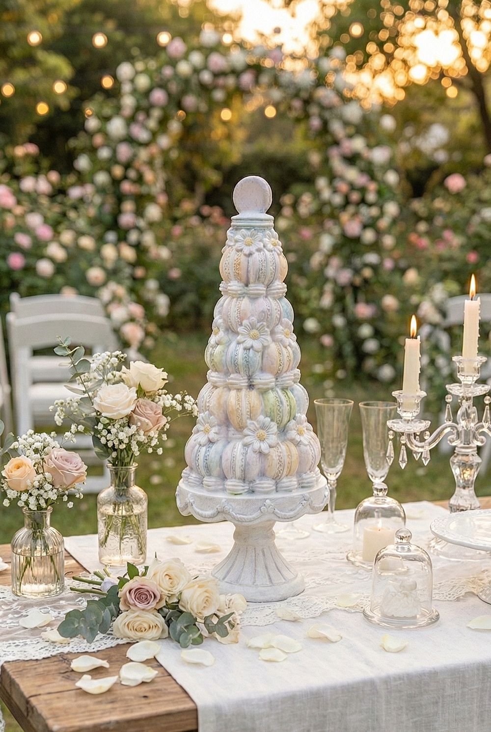 Pièce montée décorative macarons pastel de 30 cm, accessoire de décoration romantique shabby chic, tons blancs et pastels, ambiance poétique et féérique