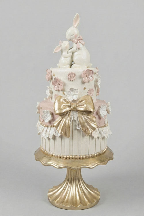 Pièce montée décorative de Pâques avec lapins, blanc patiné, rose poudré et doré, style shabby chic romantique et poétique, décoration de charme