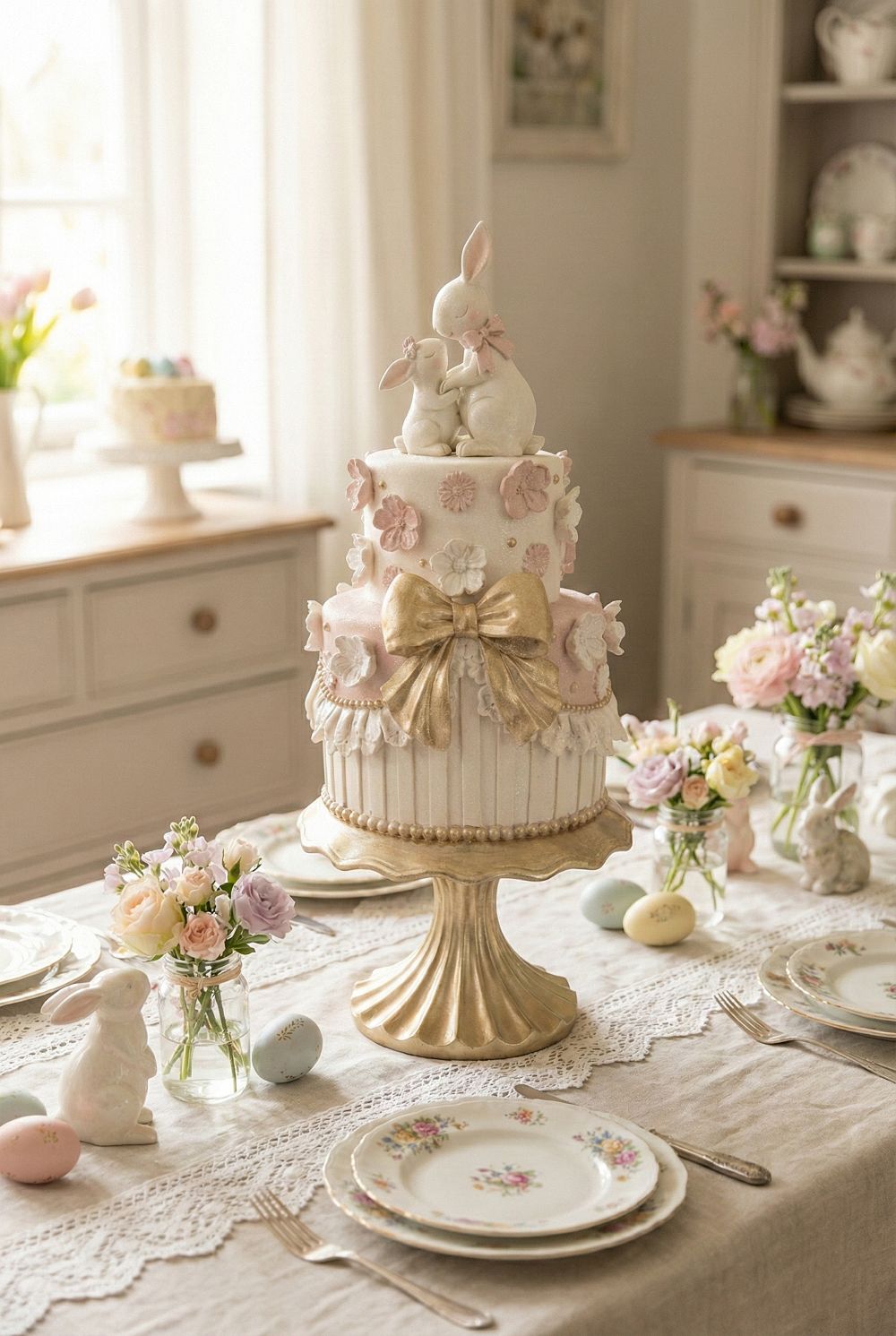 Pièce montée décorative de Pâques avec lapins, blanc patiné, rose poudré et doré, style shabby chic romantique et poétique, décoration de charme