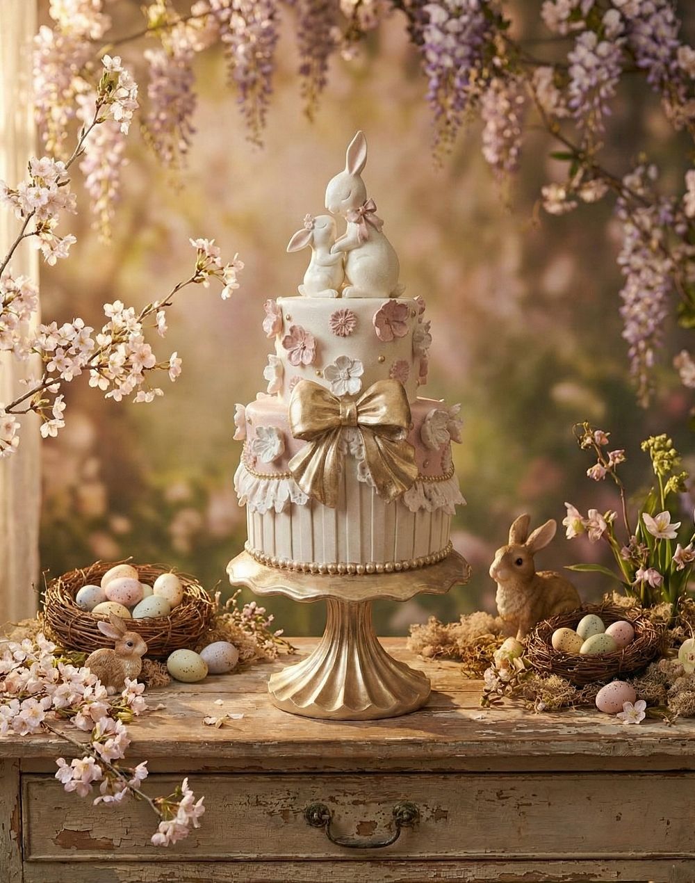 Pièce montée décorative de Pâques avec lapins, blanc patiné, rose poudré et doré, style shabby chic romantique et poétique, décoration de charme
