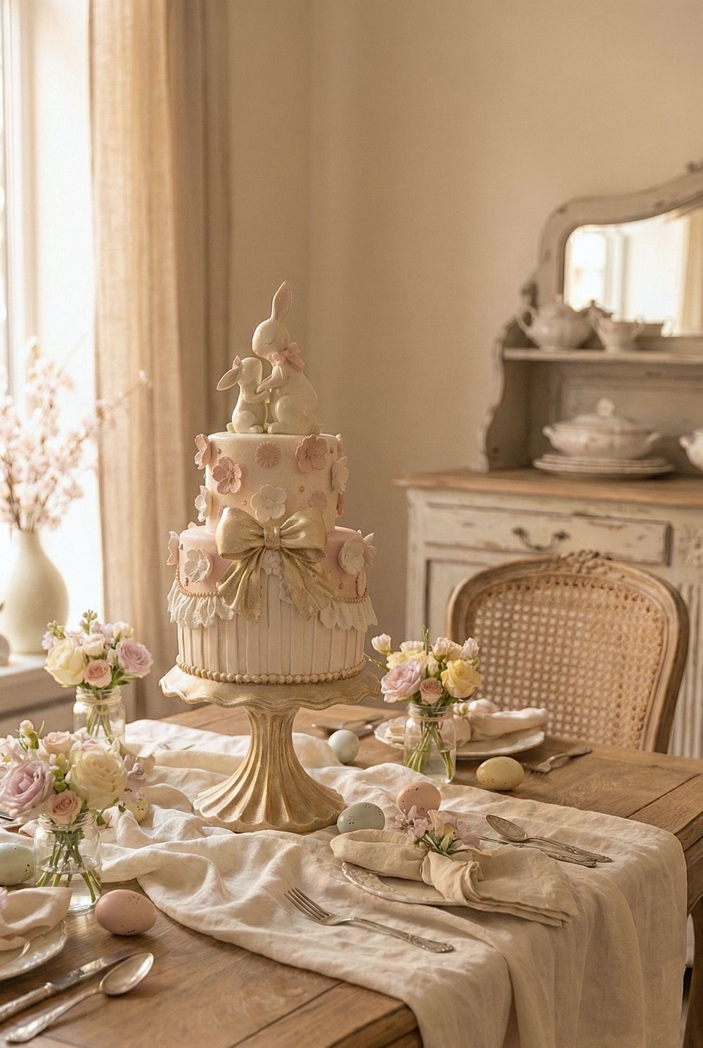 Pièce montée décorative de Pâques avec lapins, blanc patiné, rose poudré et doré, style shabby chic romantique et poétique, décoration de charme