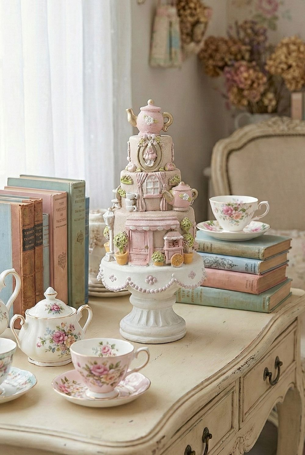 Pièce montée décorative shabby chic rose et blanc, accessoire de décoration romantique et féérique, style maison de charme, ambiance poétique