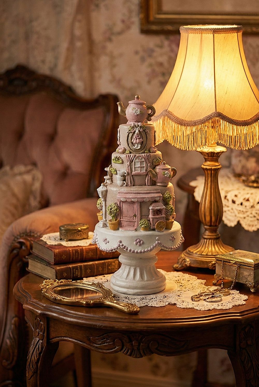 Pièce montée décorative shabby chic rose et blanc, accessoire de décoration romantique et féérique, style maison de charme, ambiance poétique