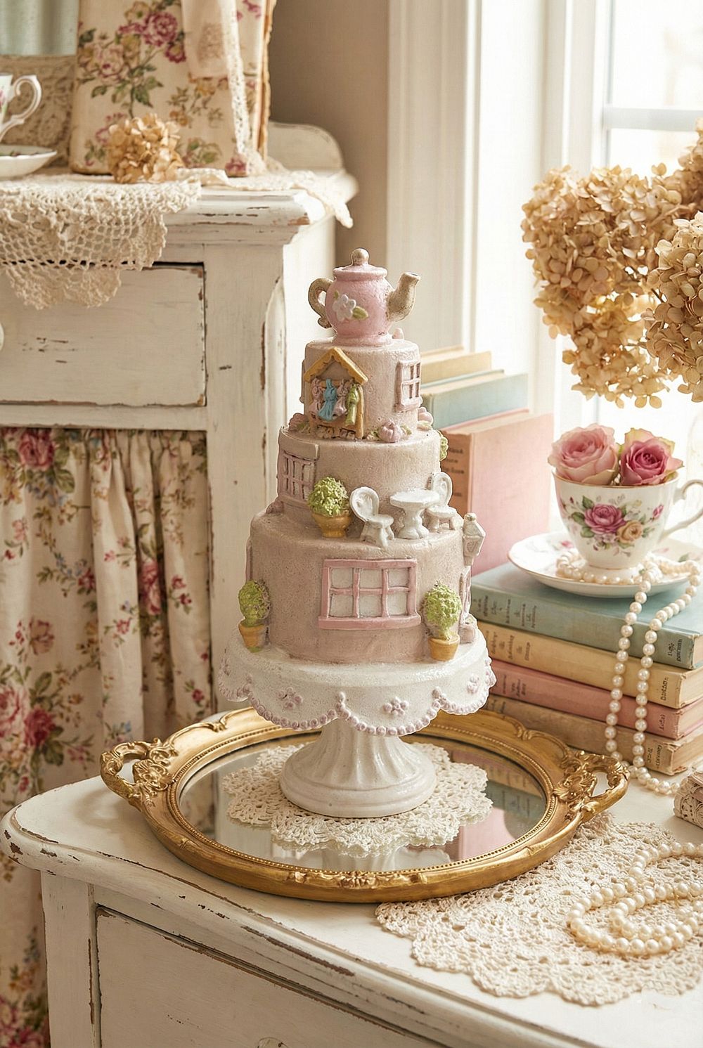 Pièce montée décorative shabby chic rose et blanc, accessoire de décoration romantique et féérique, style maison de charme, ambiance poétique