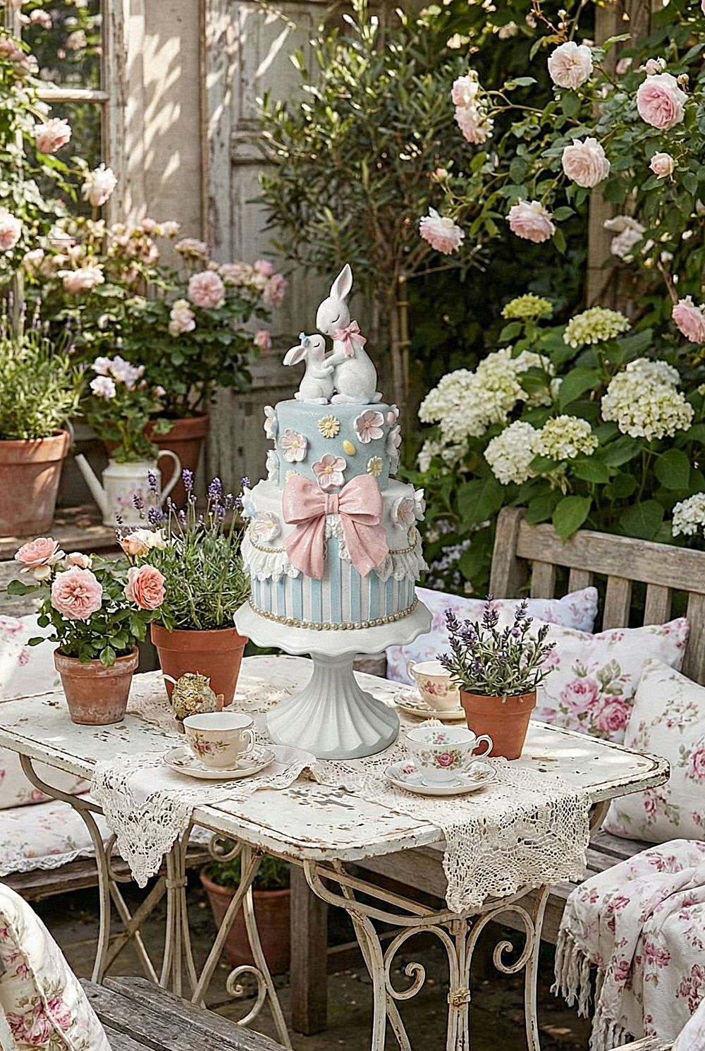 Grande pièce montée de Pâques avec lapins décoratifs, 45 cm de hauteur, décoration shabby chic romantique et féérique, tons pastel bleu rose et blanc
