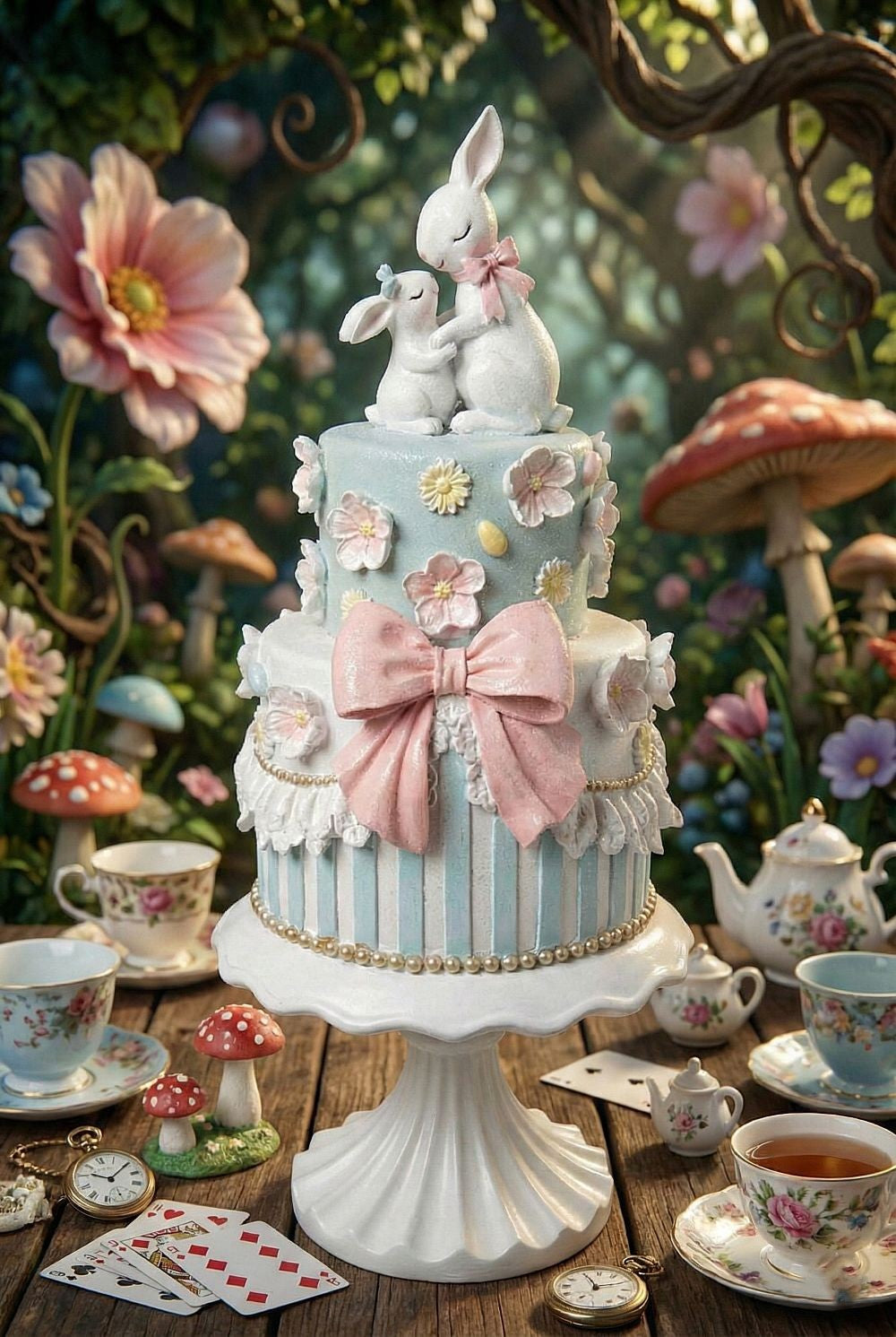 Grande pièce montée de Pâques avec lapins décoratifs, 45 cm de hauteur, décoration shabby chic romantique et féérique, tons pastel bleu rose et blanc