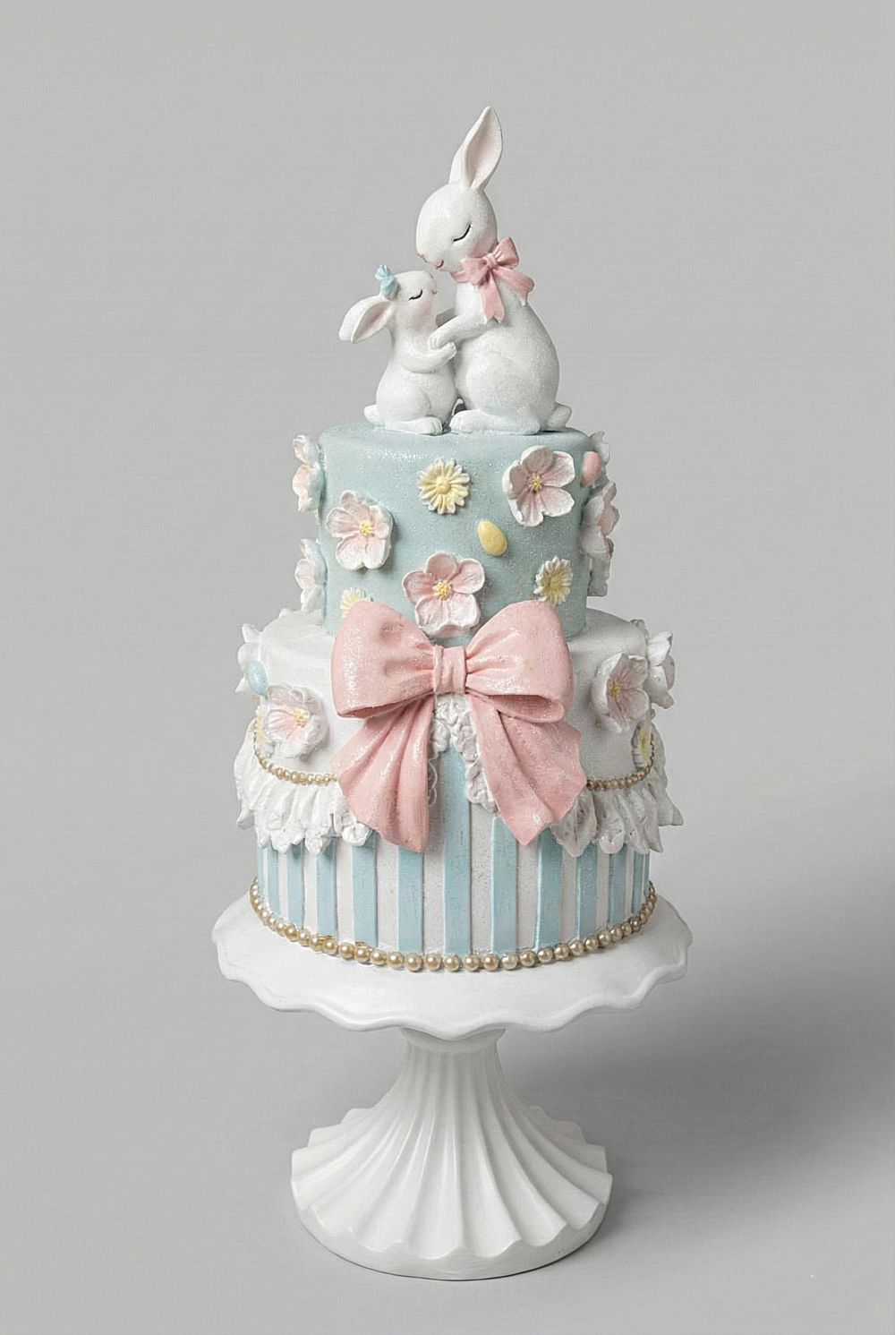 Grande pièce montée de Pâques avec lapins décoratifs, 45 cm de hauteur, décoration shabby chic romantique et féérique, tons pastel bleu rose et blanc