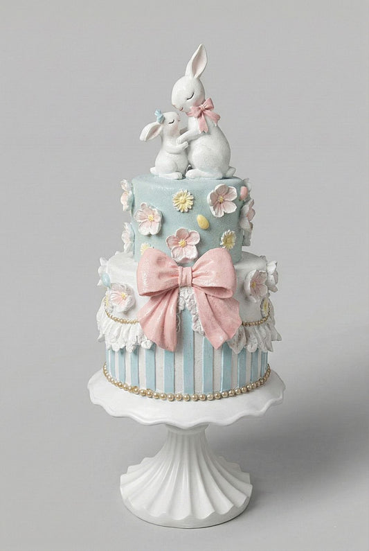 Grande pièce montée de Pâques avec lapins décoratifs, 45 cm de hauteur, décoration shabby chic romantique et féérique, tons pastel bleu rose et blanc