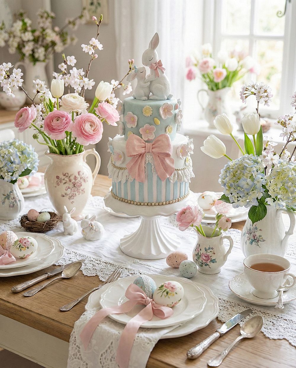 Grande pièce montée de Pâques avec lapins décoratifs, 45 cm de hauteur, décoration shabby chic romantique et féérique, tons pastel bleu rose et blanc