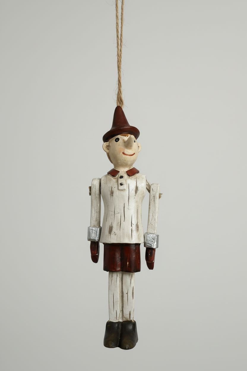 Figurine Pinocchio décorative à suspendre, bras articulés, tons blanc patiné rouge et vert, style shabby chic et ambiance poétique et féérique