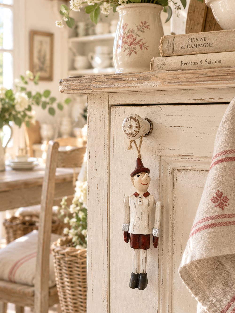 Figurine Pinocchio décorative à suspendre, bras articulés, tons blanc patiné rouge et vert, style shabby chic et ambiance poétique et féérique