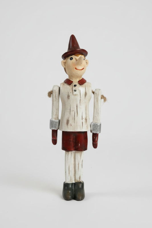 Figurine Pinocchio décorative à suspendre, bras articulés, tons blanc patiné rouge et vert, style shabby chic et ambiance poétique et féérique