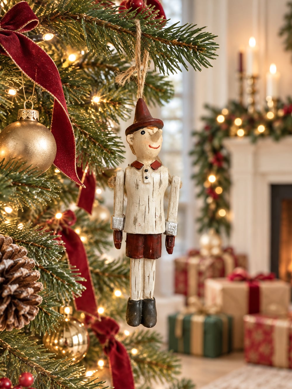 Figurine Pinocchio décorative à suspendre, bras articulés, tons blanc patiné rouge et vert, style shabby chic et ambiance poétique et féérique