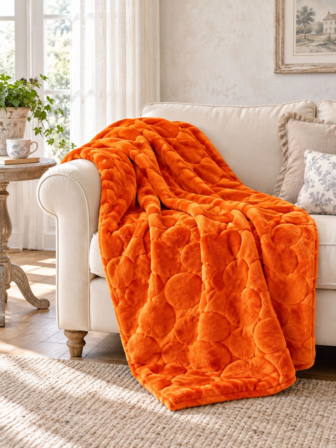 Plaid orange citrouille sur un canapé crème dans un salon lumineux aux accents campagne chic.