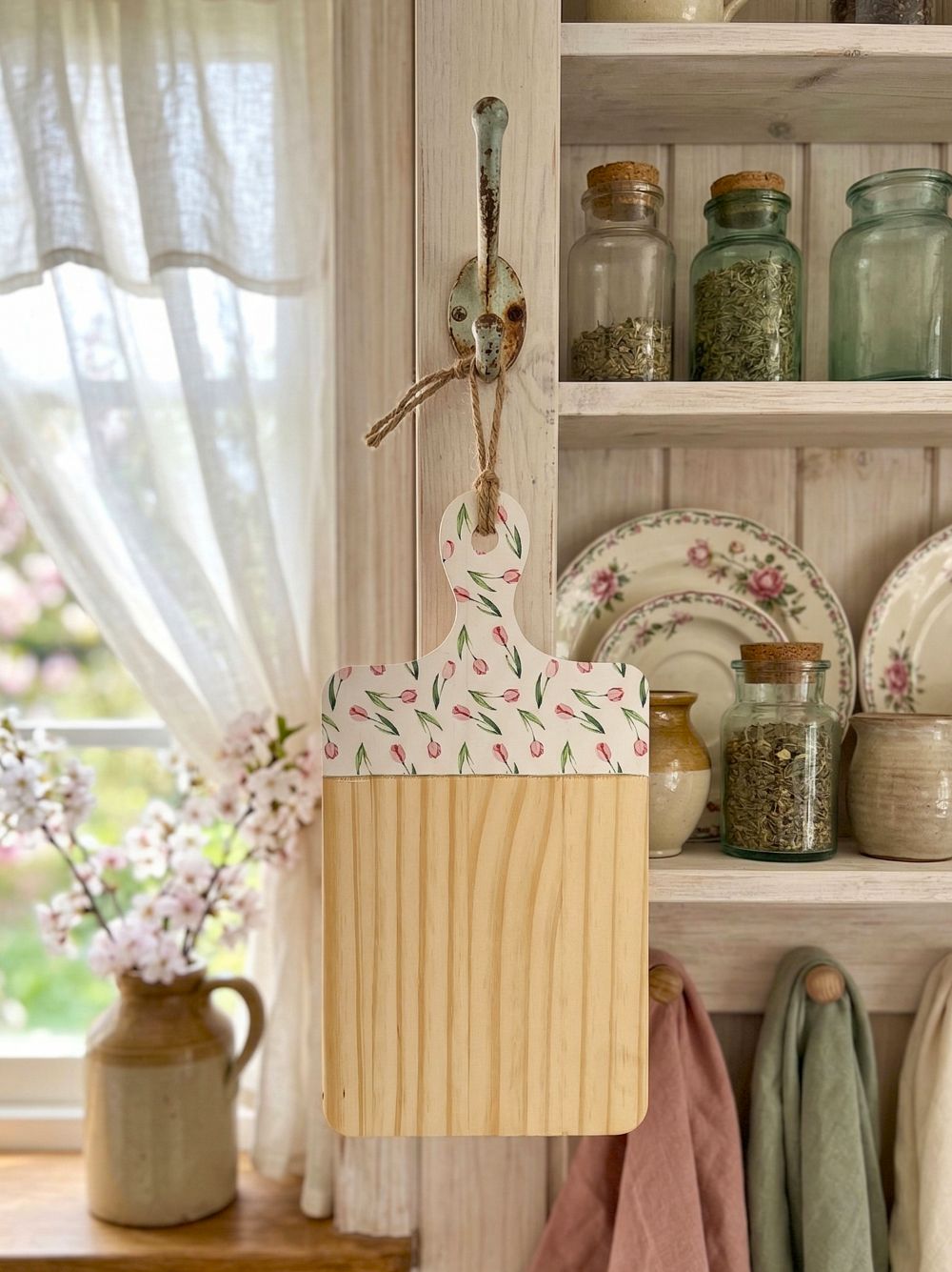 Planche à découper en bois avec motifs de tulipes roses style shabby chic romantique ambiance cuisine de charme