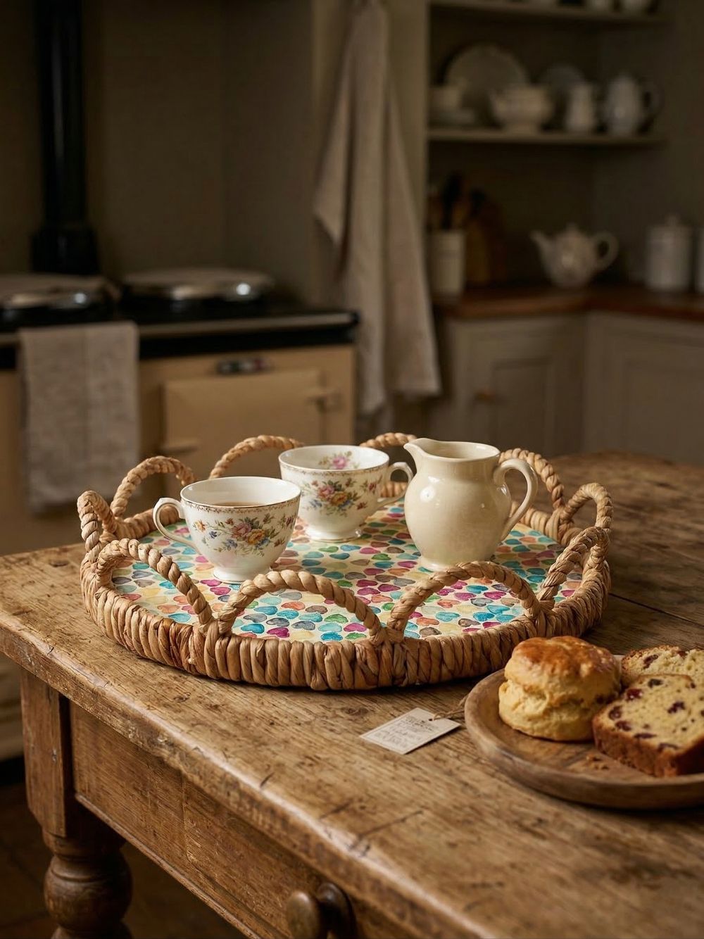 Plateau de service rond en osier 31 cm avec motifs cœurs colorés, style bohème romantique shabby chic, ambiance douce et chaleureuse