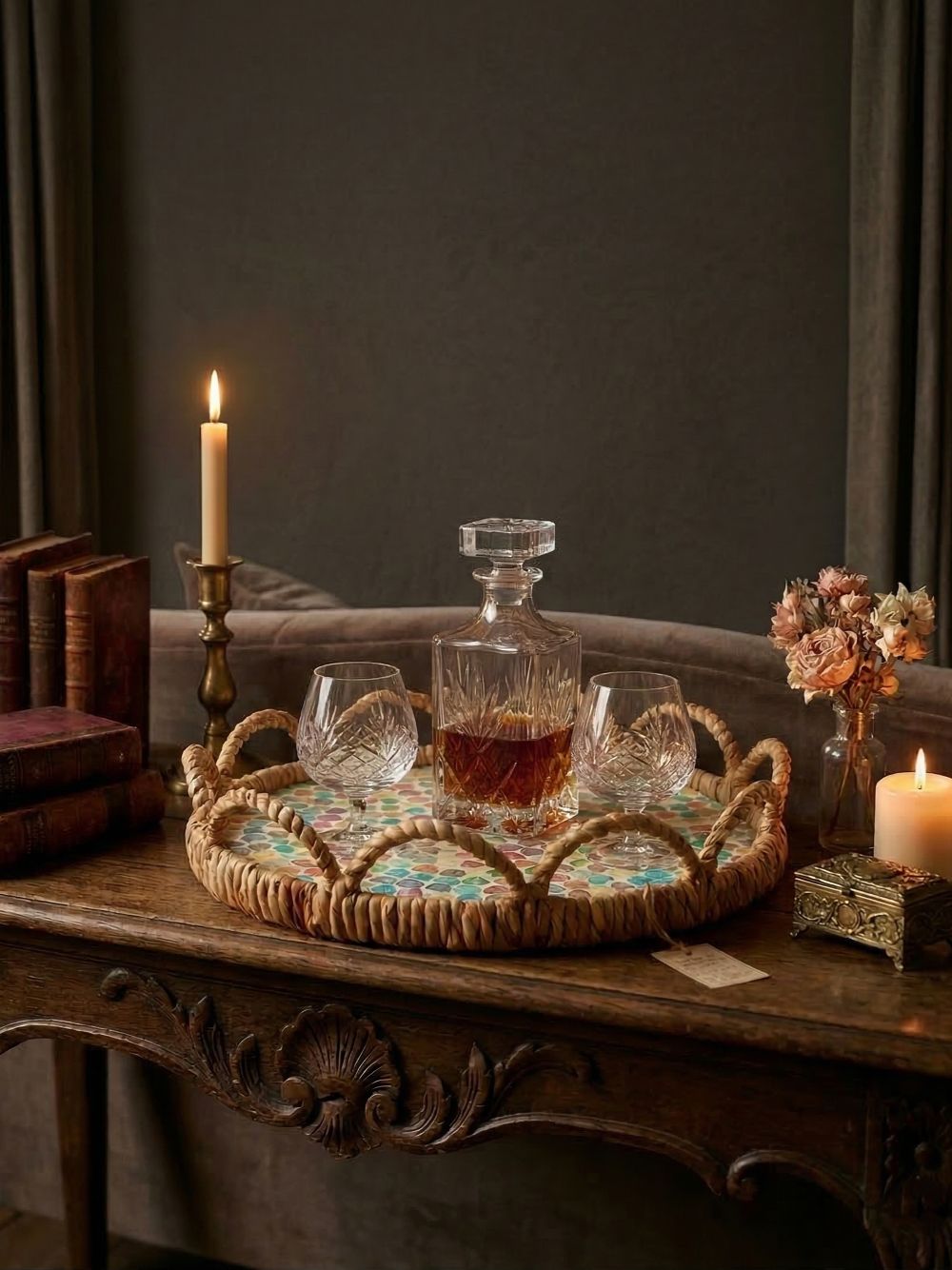 Plateau de service rond en osier 31 cm avec motifs cœurs colorés, style bohème romantique shabby chic, ambiance douce et chaleureuse