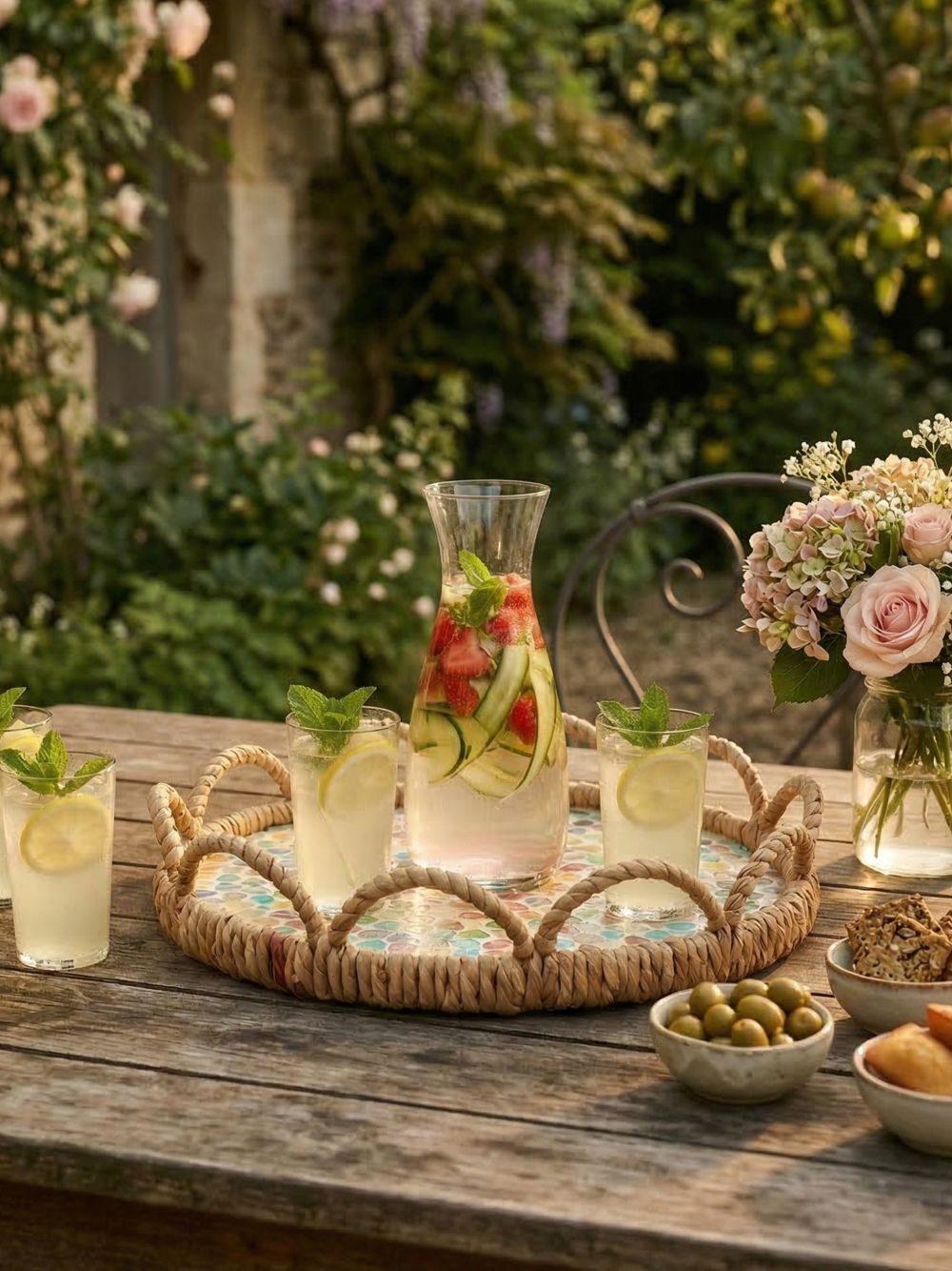 Plateau de service rond en osier 31 cm avec motifs cœurs colorés, style bohème romantique shabby chic, ambiance douce et chaleureuse