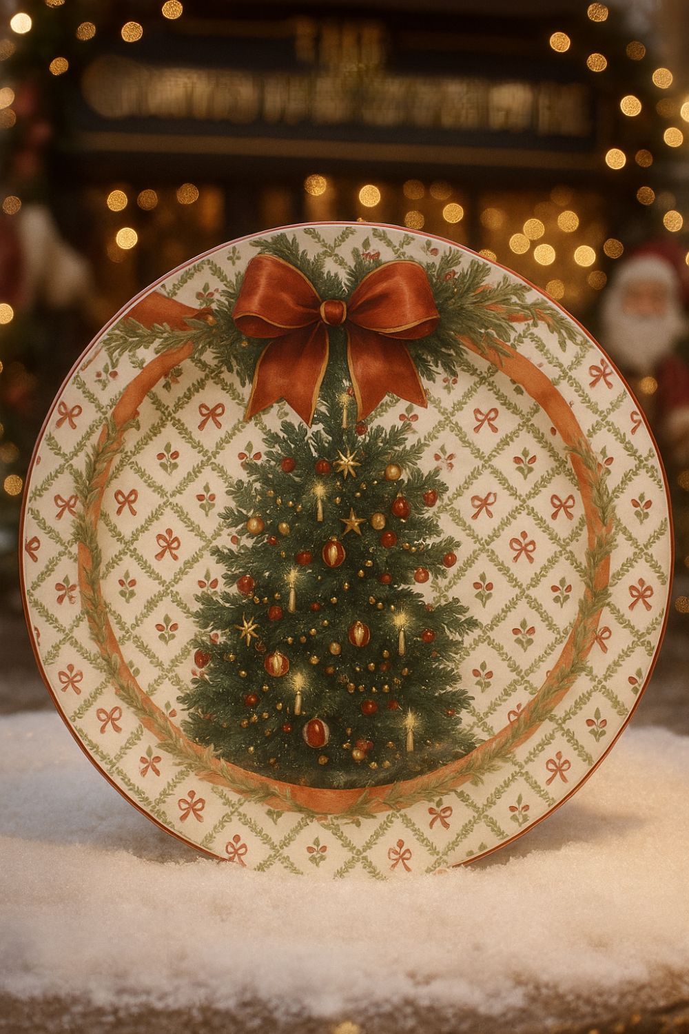 Plateau de Noël en métal émaillé Blanc Mariclò décoré d’un sapin vert et d’un ruban rouge, style romantique et shabby chic pour une déco de charme festive.