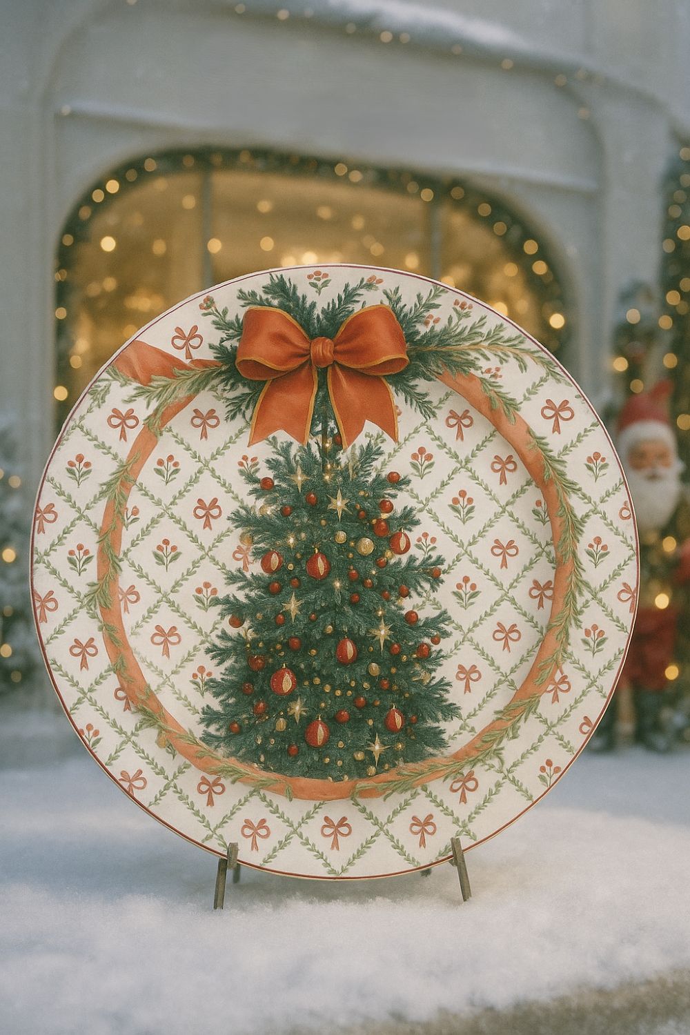 Plateau de Noël en métal émaillé Blanc Mariclò décoré d’un sapin vert et d’un ruban rouge, style romantique et shabby chic pour une déco de charme festive.
