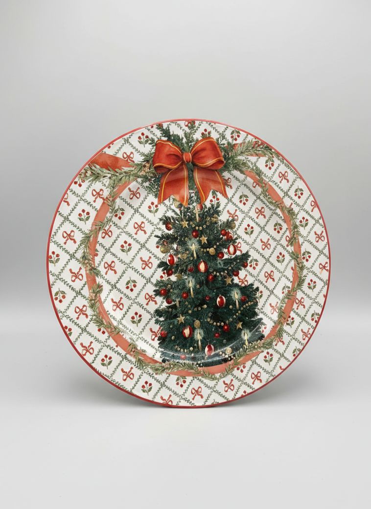 Plateau de Noël en métal émaillé Blanc Mariclò décoré d’un sapin vert et d’un ruban rouge, style romantique et shabby chic pour une déco de charme festive.