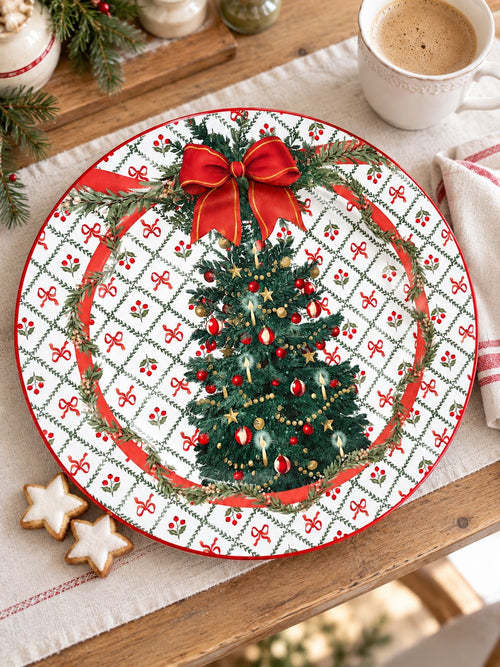 Plateau Sapin de Fête posé sur une table en bois avec du lin, une tasse et deux biscuits étoilés.