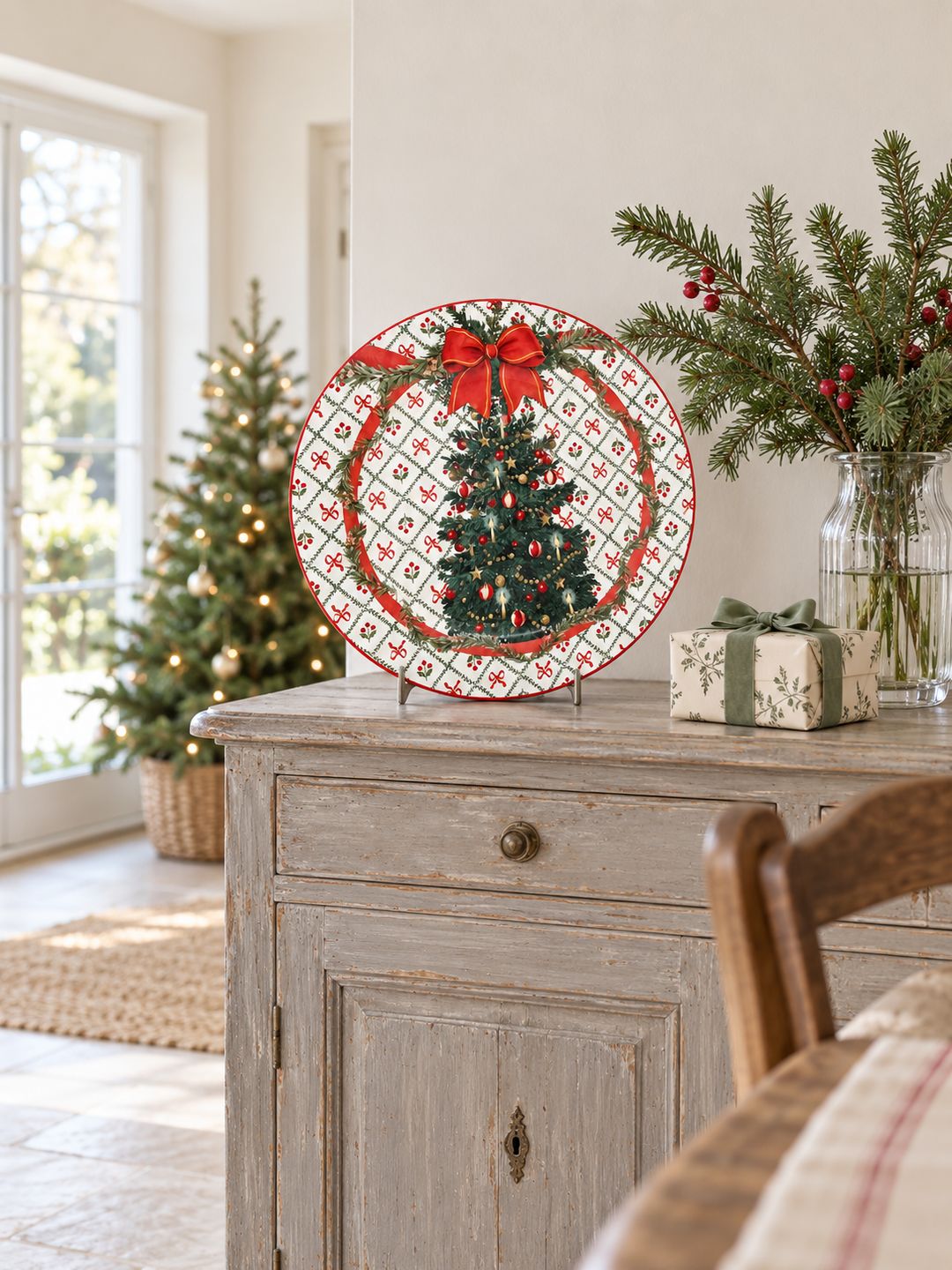 Plateau Sapin de Fête exposé sur un buffet patiné dans une salle à manger lumineuse décorée pour Noël.