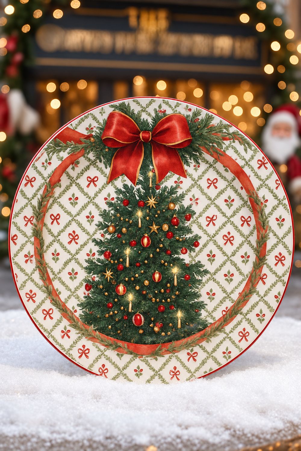 Plateau Sapin de Fête dans une ambiance de Noël avec des lumières en arrière-plan.