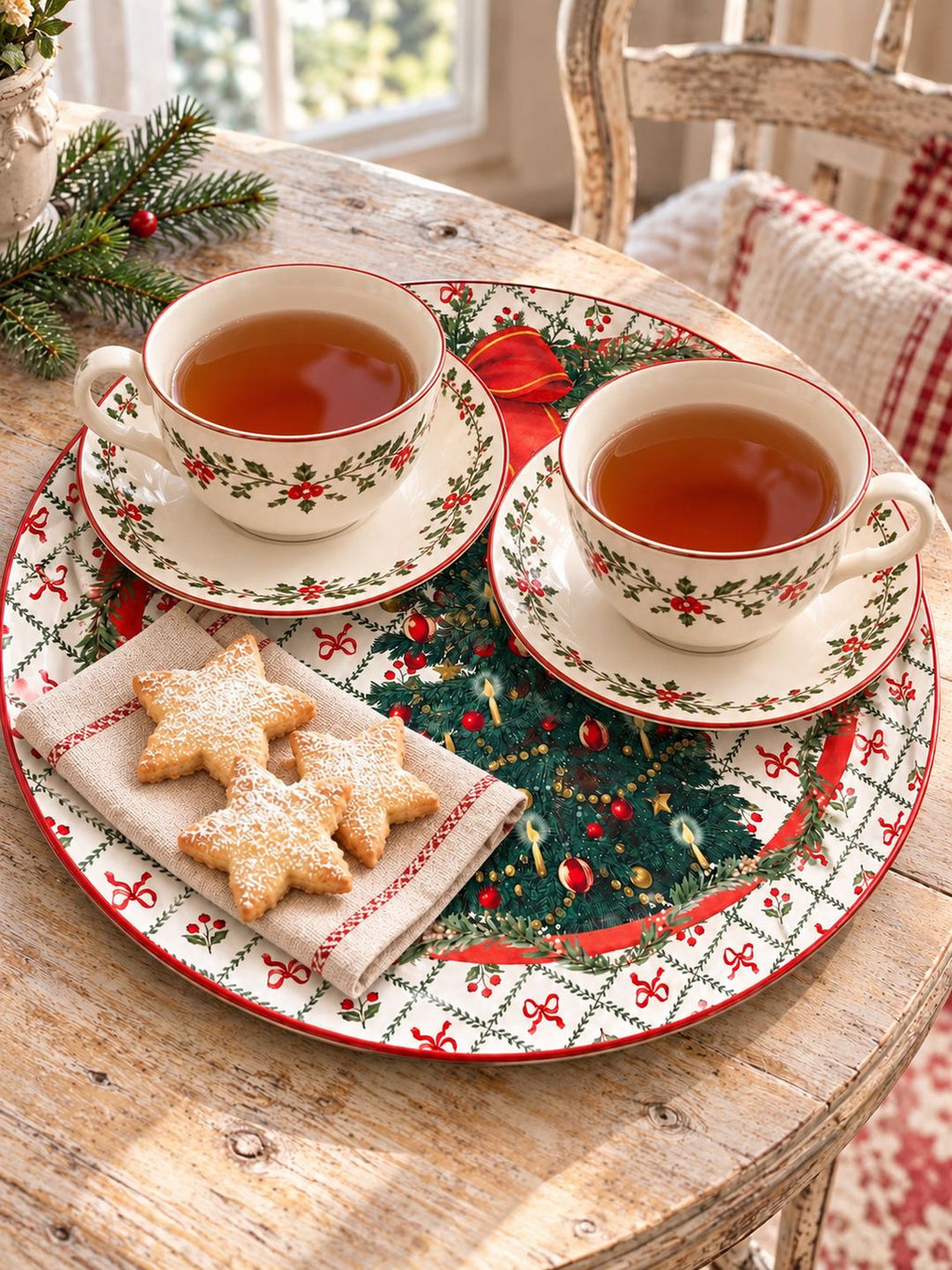 Plateau de Noël Sapin de Fête en métal émaillé, utilisé pour servir deux grandes tasses de thé et des biscuits étoilés sur une table patinée.