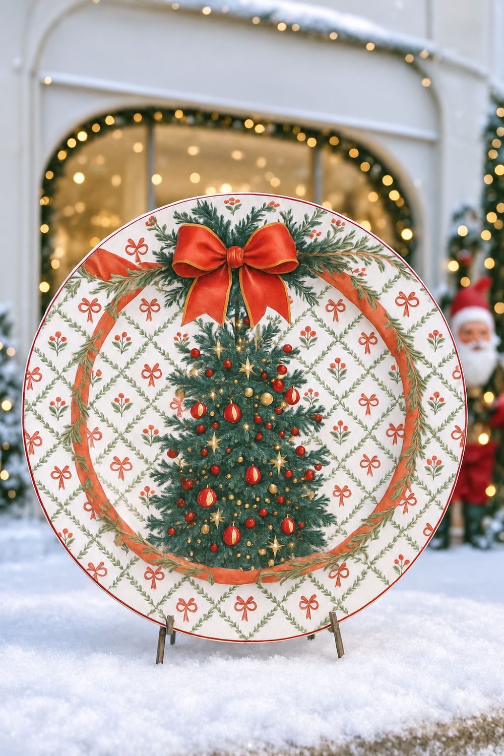 Plateau Sapin de Fête dressé sur un support dans une vitrine de Noël.