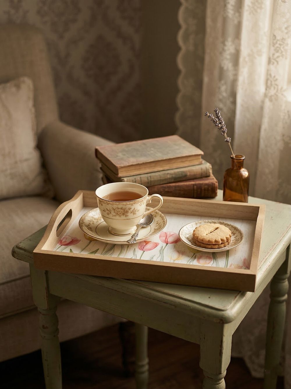 Plateau décoratif en bois naturel avec motif de tulipes roses et pastel, style shabby chic romantique, ambiance printanière douce et poétique pour décoration de charme