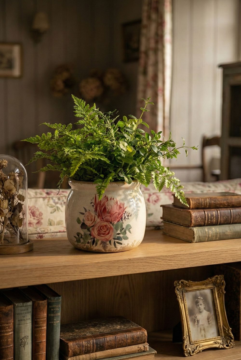 Pot en terre cuite blanc cassé décor floral rose poudré et vert sauge, style shabby chic romantique, ambiance maison de charme et décoration poétique