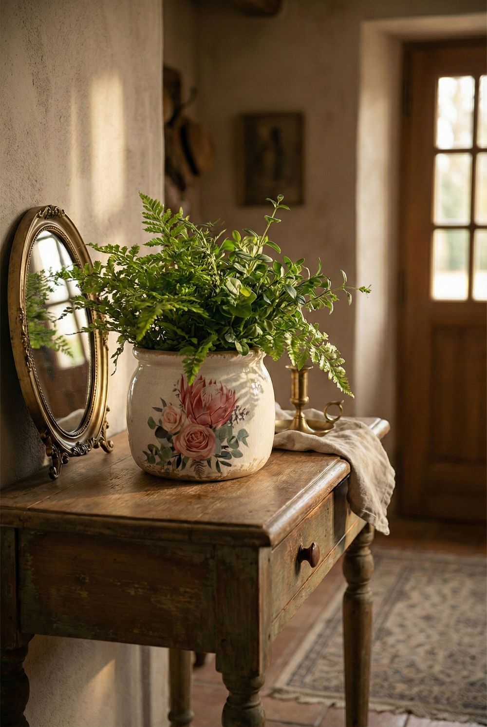 Pot en terre cuite blanc cassé décor floral rose poudré et vert sauge, style shabby chic romantique, ambiance maison de charme et décoration poétique