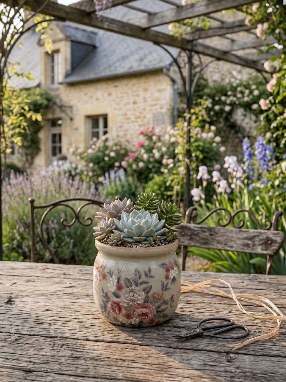 Pot à fleurs décoratif style shabby chic aux tons doux et patinés, idéal pour une décoration de charme romantique et élégante, ambiance maison de campagne ancienne et poétique