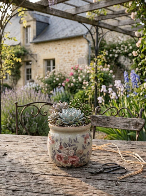Pot à fleurs décoratif style shabby chic aux tons doux et patinés, idéal pour une décoration de charme romantique et élégante, ambiance maison de campagne ancienne et poétique