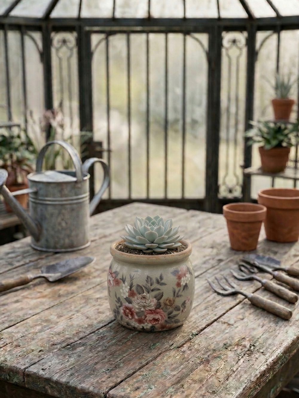 Pot à fleurs décoratif style shabby chic aux tons doux et patinés, idéal pour une décoration de charme romantique et élégante, ambiance maison de campagne ancienne et poétique